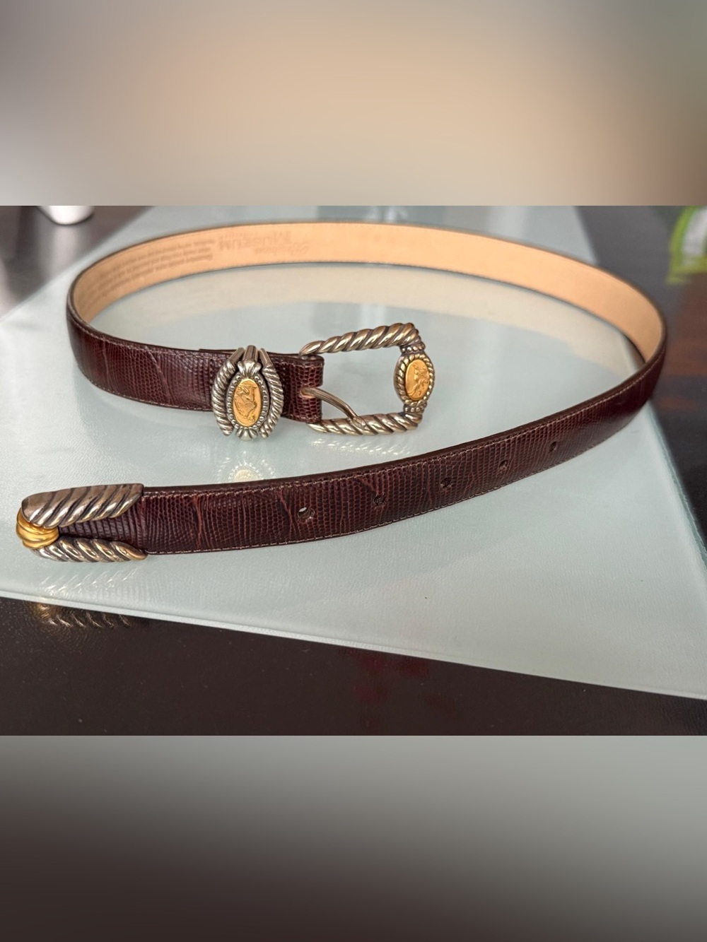 Brighton Museum Collection Greco-Roman Coin Lizard Leather Belt Medium
